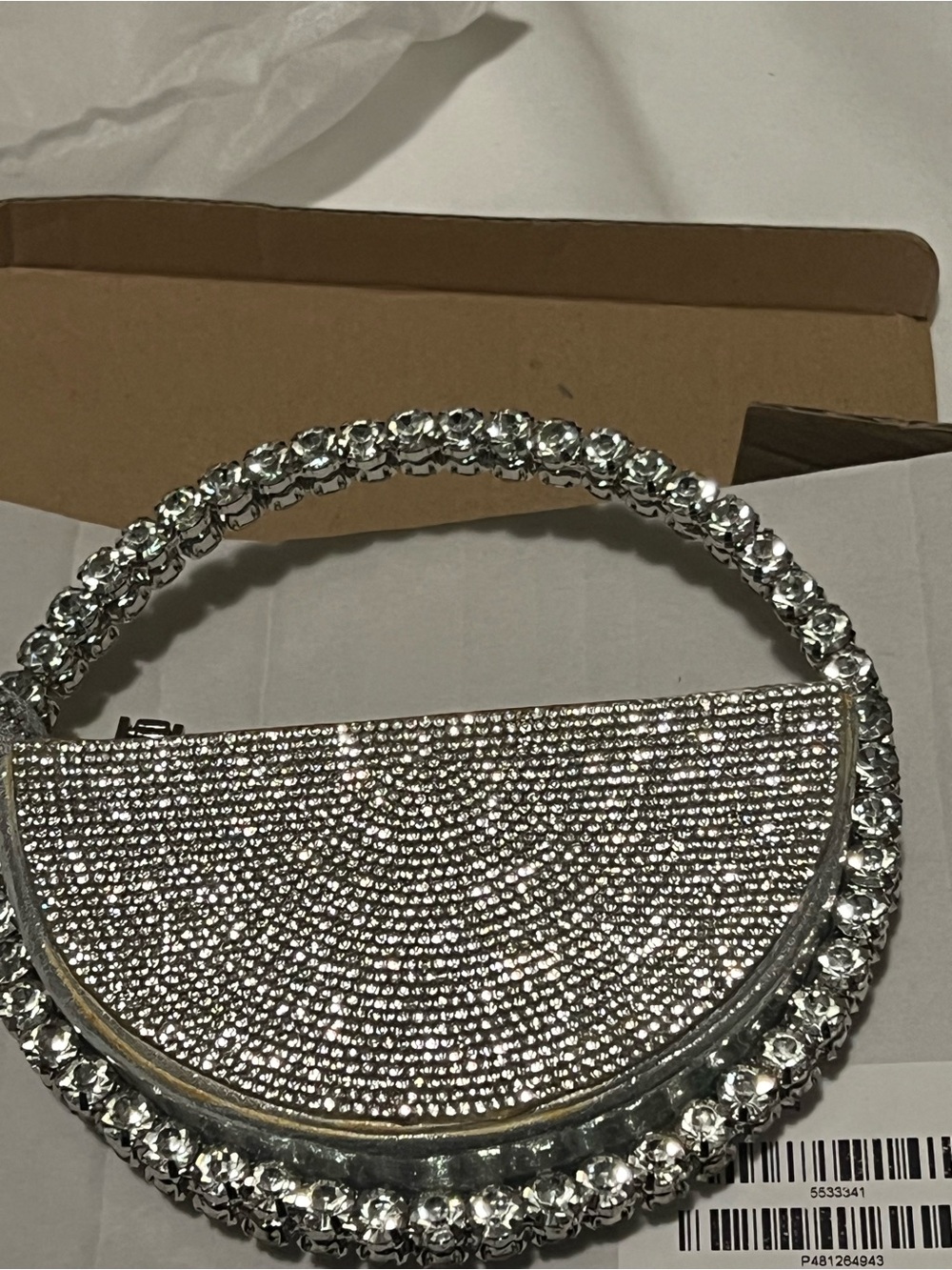 Fashion Nova Silver Crystal Half-Moon Clutch with Jeweled Handle